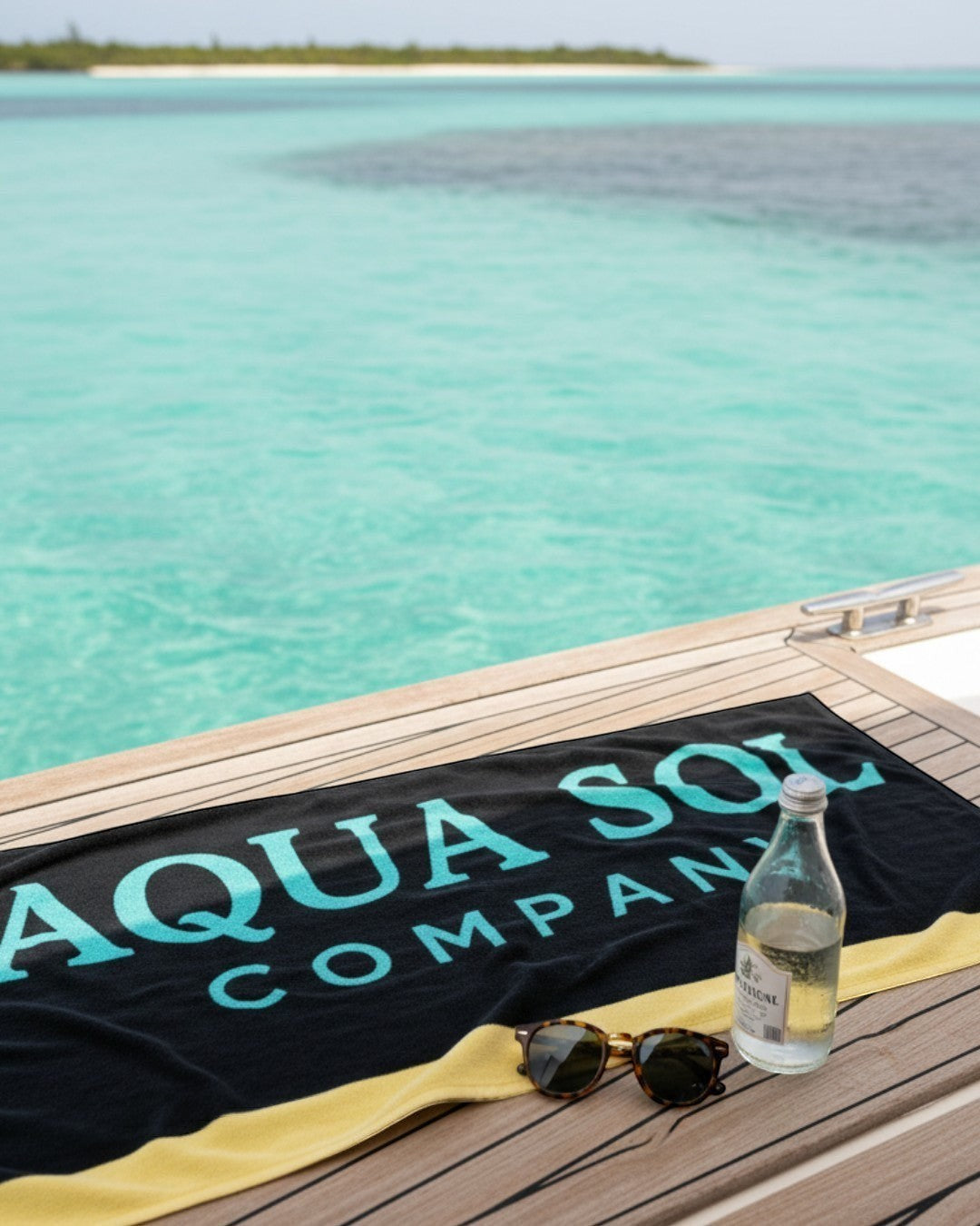Aqua Sol Company beach towel in black with aqua logo, laid on a boat deck with sunglasses and a water bottle.